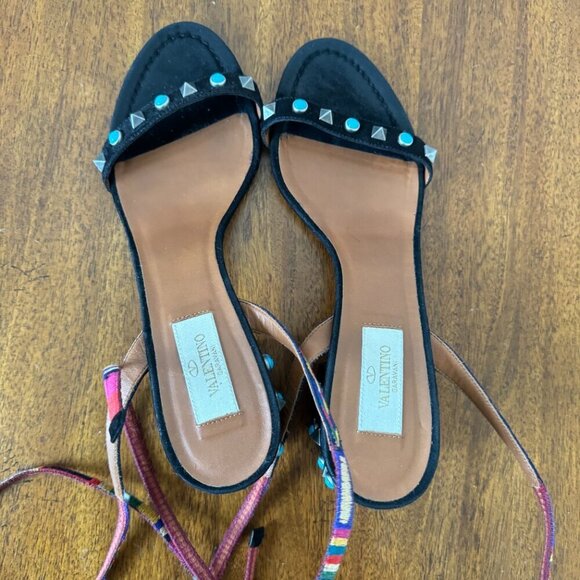 Valentino Rockstud  Multicolored Accents Black Suede Sandals - Picture 7 of 12